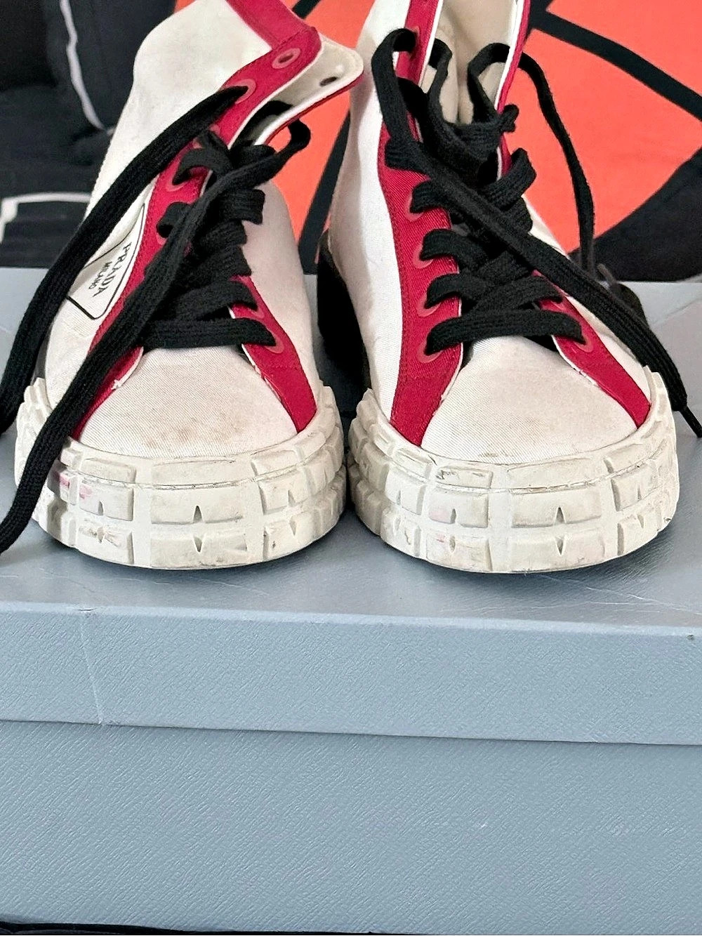 Prada Stratus High-Top Canvas Sneakers Red & White